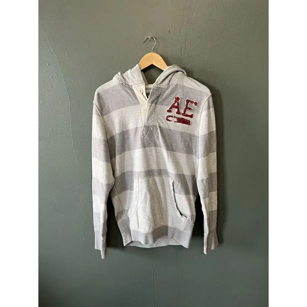 Y2K American Eagle Mens Gray Pullover Hooded Sweatshirt Embroiderd Size Small